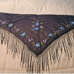 Floral Embroidered Sheer Triangle Shawl with Beads And Fringe